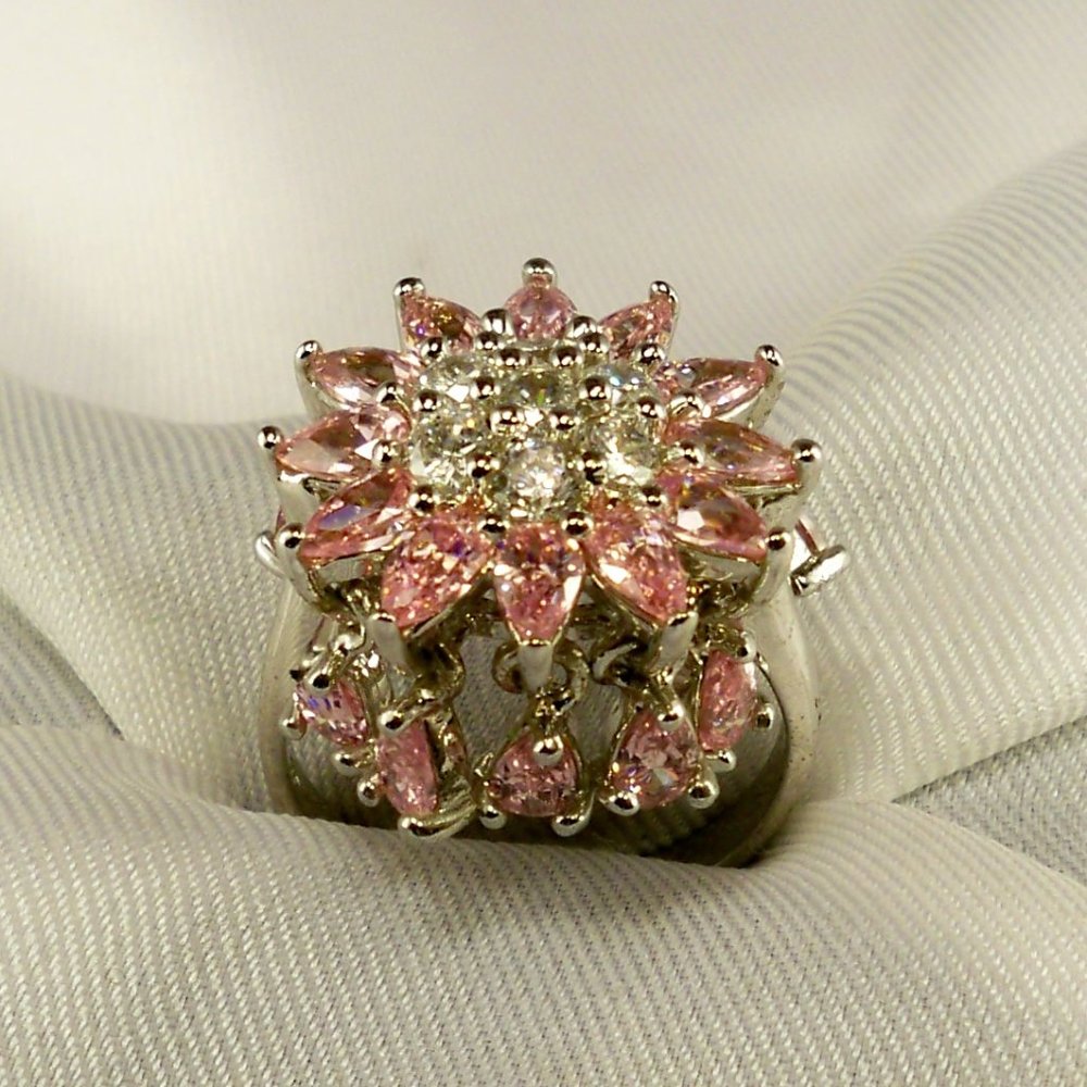 NEW Vintage PINK Dangle Cubic Zirconias flower DESIGNER Ring